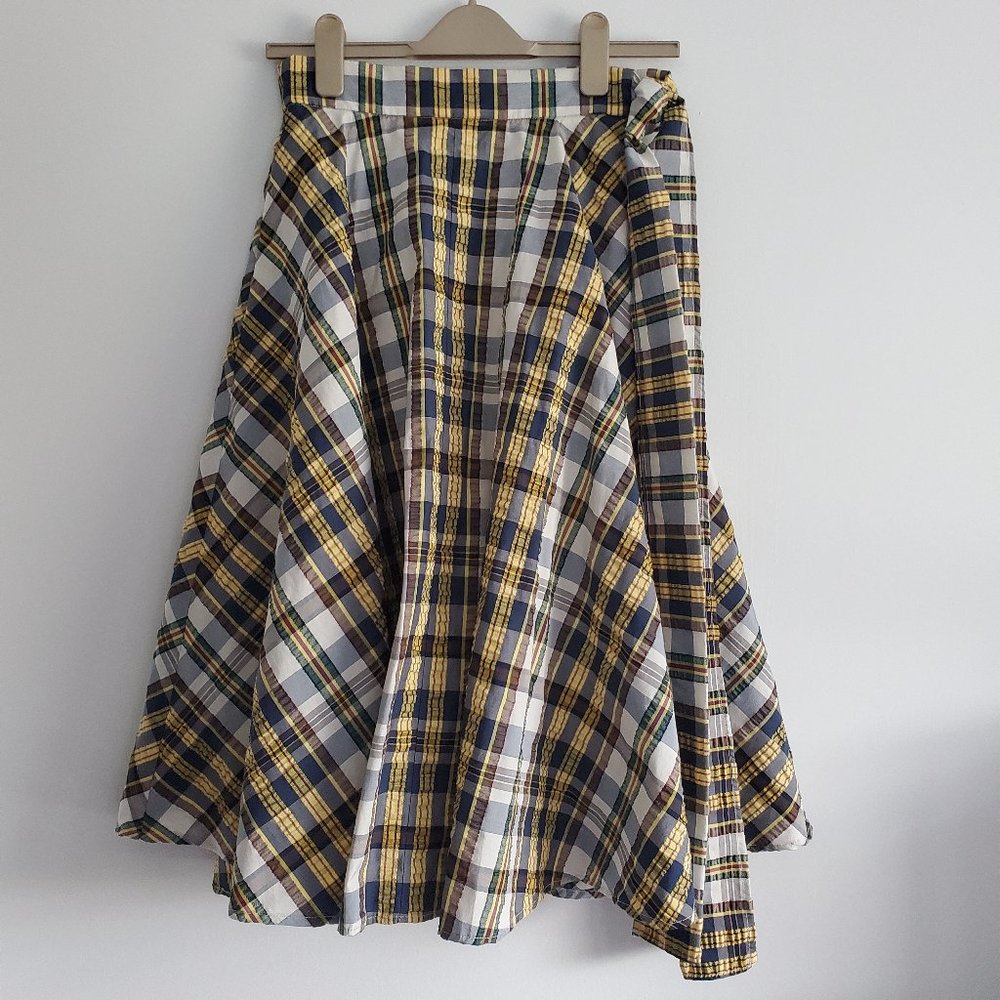 JW Anderson x Uniqlo Gingham Flared Midi Skirt A Line Blue Yellow Tartan Plaid